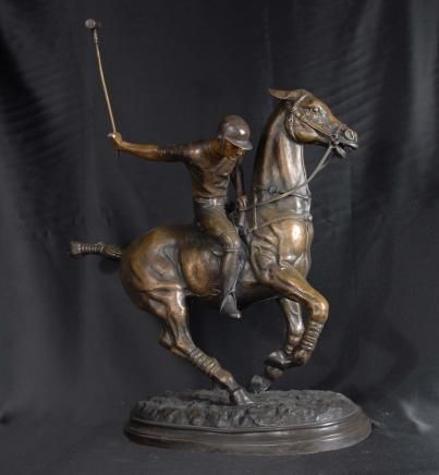 English Bronze Polo Player Horse Jockey Statue  