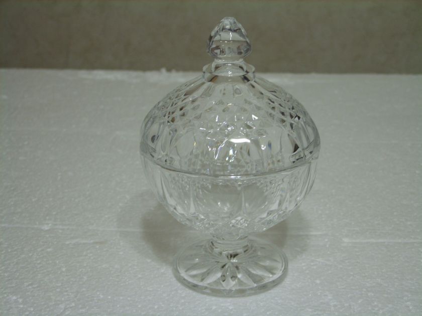CRYSTAL PEDESTAL CANDY DISH WITH LID DIAMOND DESIGNS  