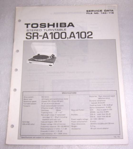 TOSHIBA SR A100, SR A102 TURNTABLE SERVICE MANUAL  