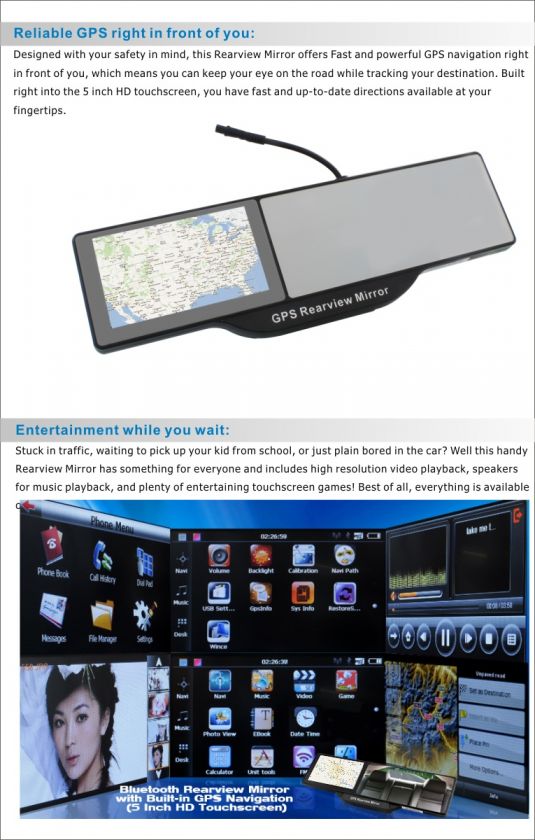 In Car Rearview Mirror 5 Inch HD Touch screen GPS Navigation Bluetooth 
