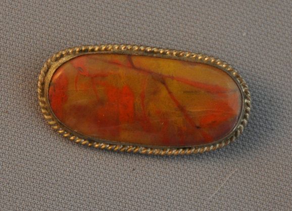 OLD NAVAJO SILVER PIN   ORANGE PETRIFIED WOOD STONE  