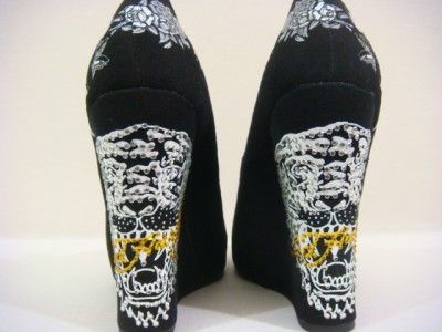 Ed Hardy women tiger rhinestones black heels wedges joyaus shoes 