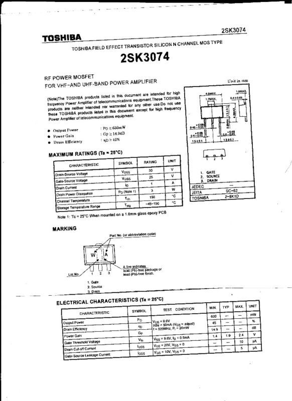 TOSHIBA MOSFET 2SK3074 N CHANNEL RF DRIVER YAESU VX R5  