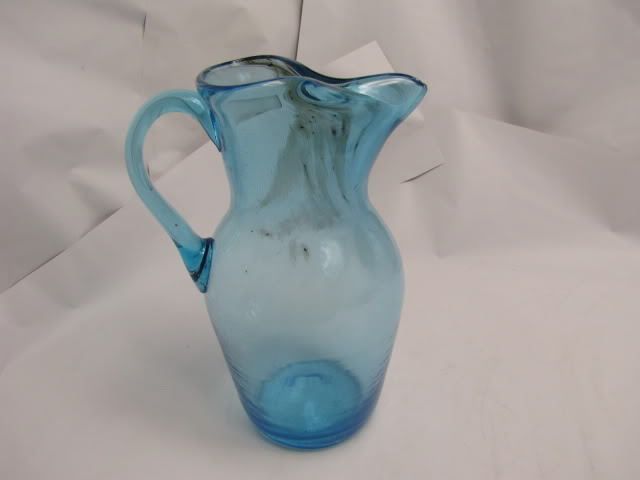 Vintage Blue Glass Pitcher Hand Blown  