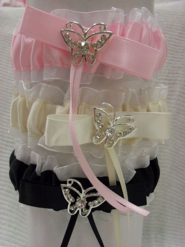 new bridal wedding garter butterfly Ivory Pink Black  