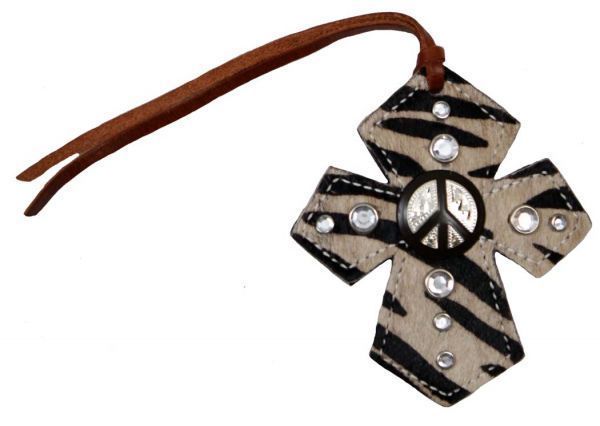 Tie On Leather Cross w/Zebra Hair & Peace Sign Concho  