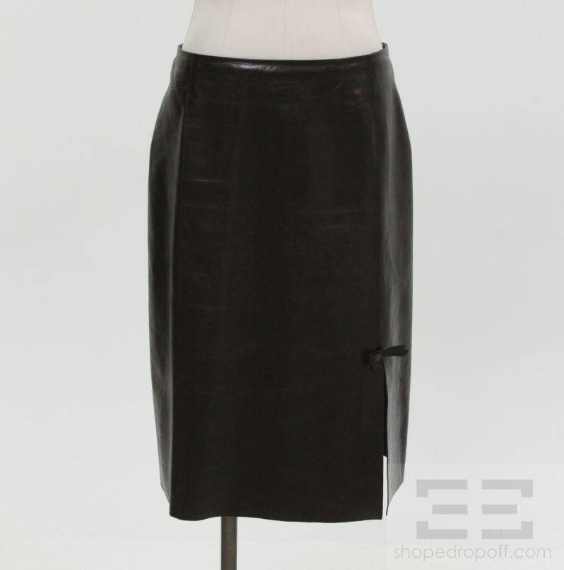 Gucci Black Leather Bow Detail Front Slit Skirt Size 44  