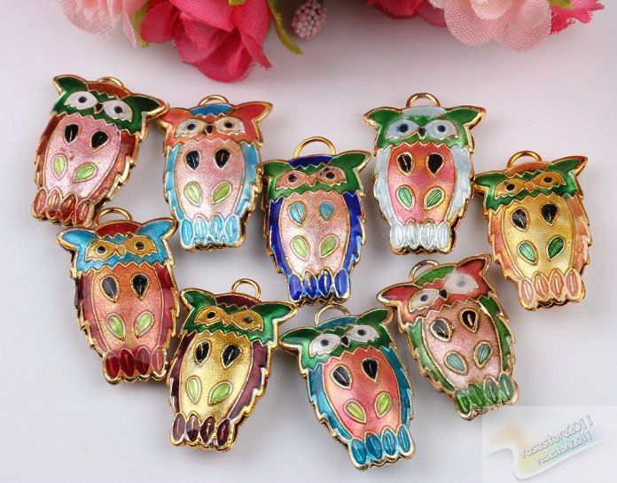 Bulk Sale Chinese cloisonne Owl Painting Spacers bead charms ,loose 