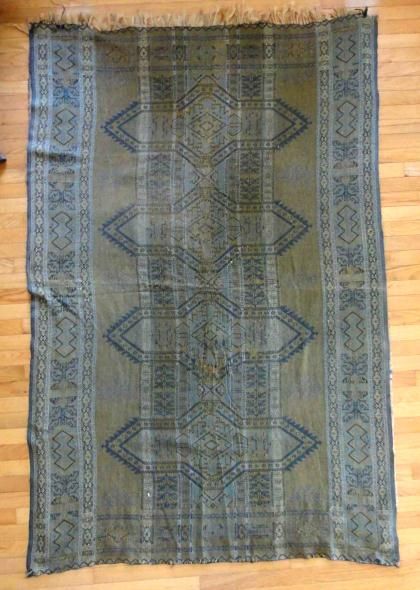 1850 antique COVERLET pennsylvania estate BLUE,GREEN,GOLD 53x80 