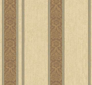 Wallpaper Brown Damask Stripe Aqua Gold on Cream Faux  