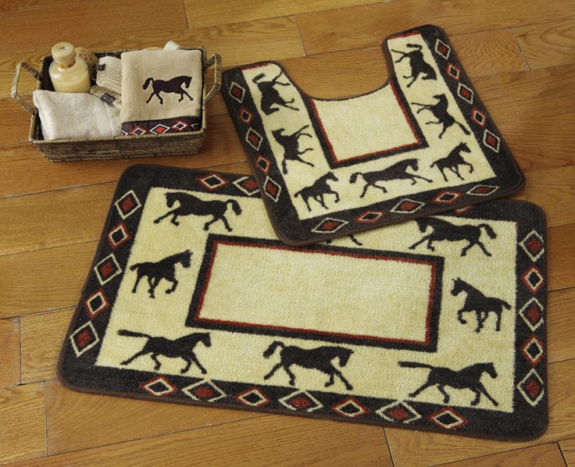   Western Running Horses Bathroom Bath Shower Toilet Rug Mat Set  