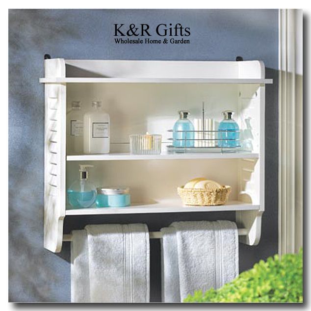 BATHROOM SHELF Bright White NANTUCKET Wall Cabinet with Towel Hanger 