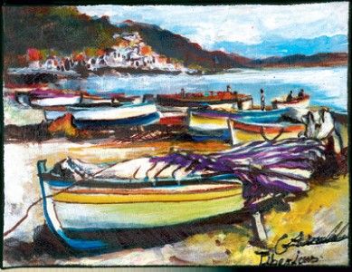 JUDAICA INSPIRATIONAL PAINTING BOATS BY THE SEA OF GALILEE 4 * 7 