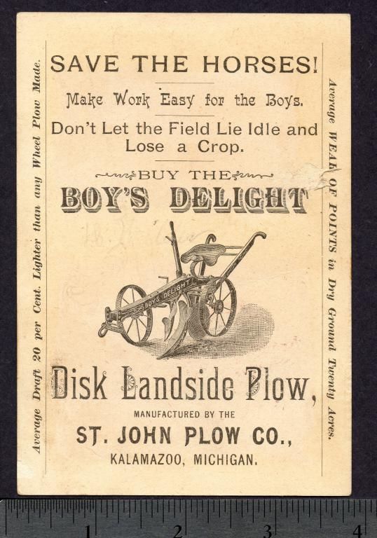 St. John Plow Co. Kalamazoo Boys Delight ad Trade Card  