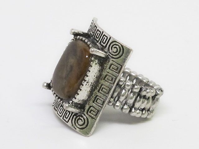 Brown Stone Silver Tone Elastic One Size Ring s0359  