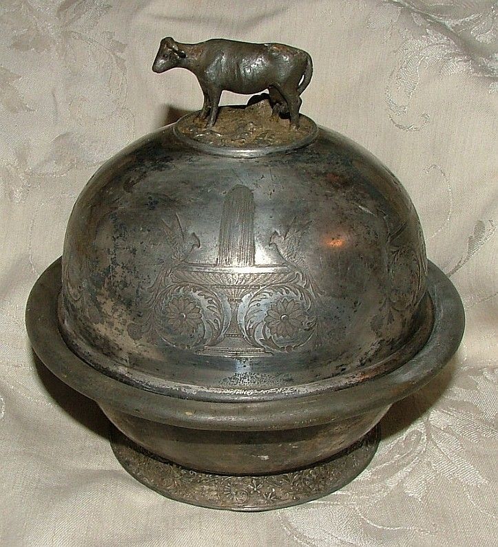 Cow Finial Quad Silverplate Butter Dish Parrot Fountain  