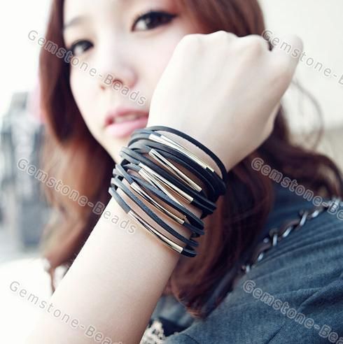   Black Faux Leather Wire Circle Wide Bangle Bracelet Fashion Jewerly