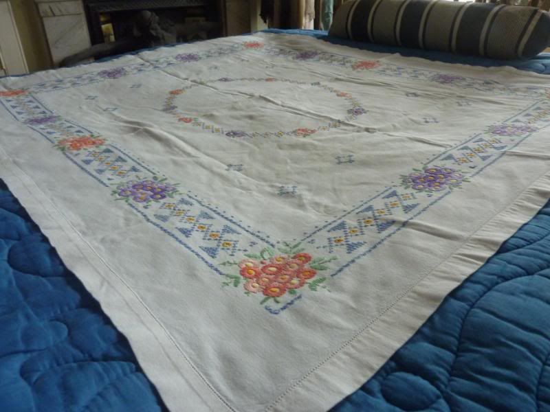 Vintage white cotton embroidered floral tablecloth  
