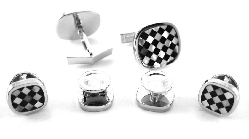   II Mens Sterling Silver Cushion Tuxedo Formal Cufflink and Stud Set