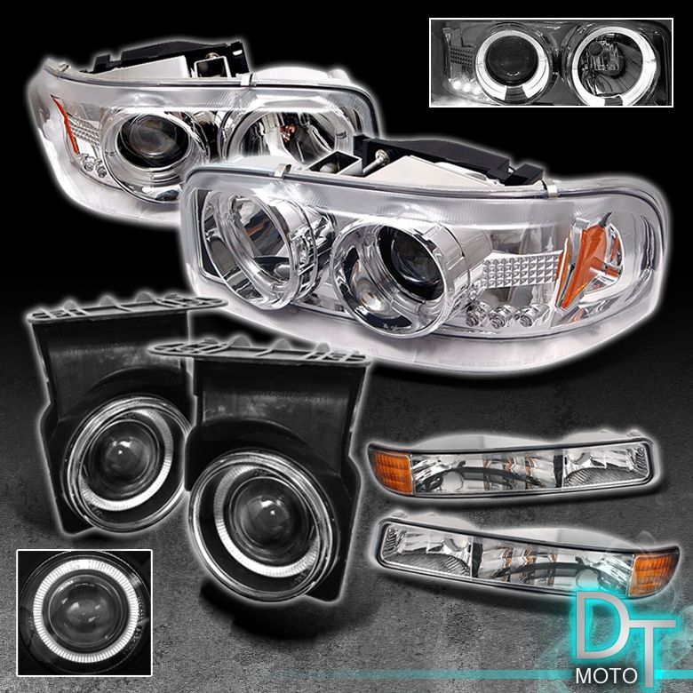 03 06 GMC SIERRA LED PROJECTOR CHROME HEAD LIGHTS+HALO FOG+BUMPER 