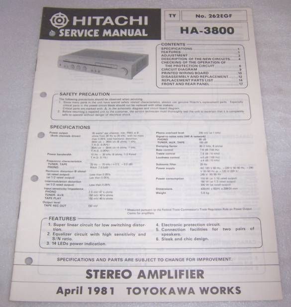 ORIGINAL HITACHI HA 3800 STEREO AMPLIFIER MANUAL  