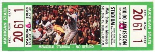 1980 Michigan State at Minnesota Full Unused FB Ticket  