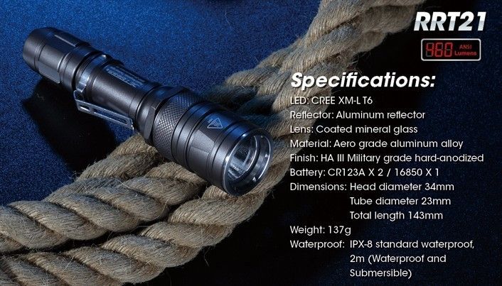 JETBeam RRT 21 CREE XM L T6 LED Tactical Flashlight  