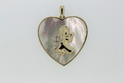 Mother of Pearl & Diamond Angel Heart Charm Pendant 10K Yellow Gold 