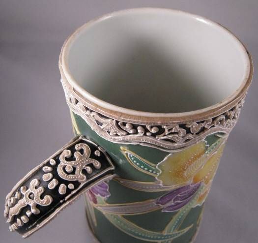   Moriage Mug with Twisted Handle and Purple & Yellow Iris Flowers