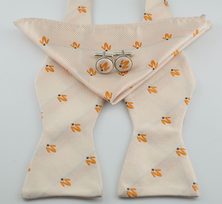 Silk luxury light orange Bowtie set Mens Self Bow Tie Hanky Cufflinks 
