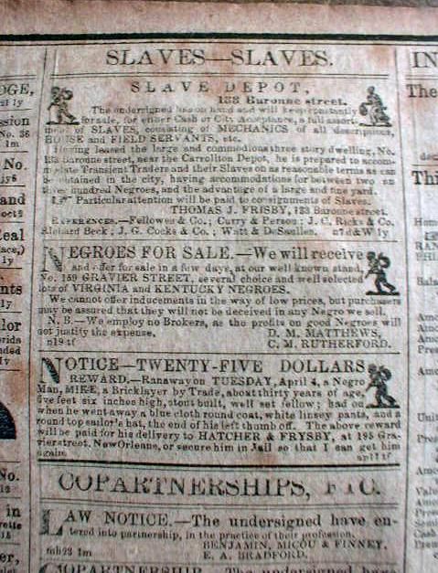   Orleans newspaper DAILY CRESCENT w 3 illustrated SLAVE ADS Louisiana