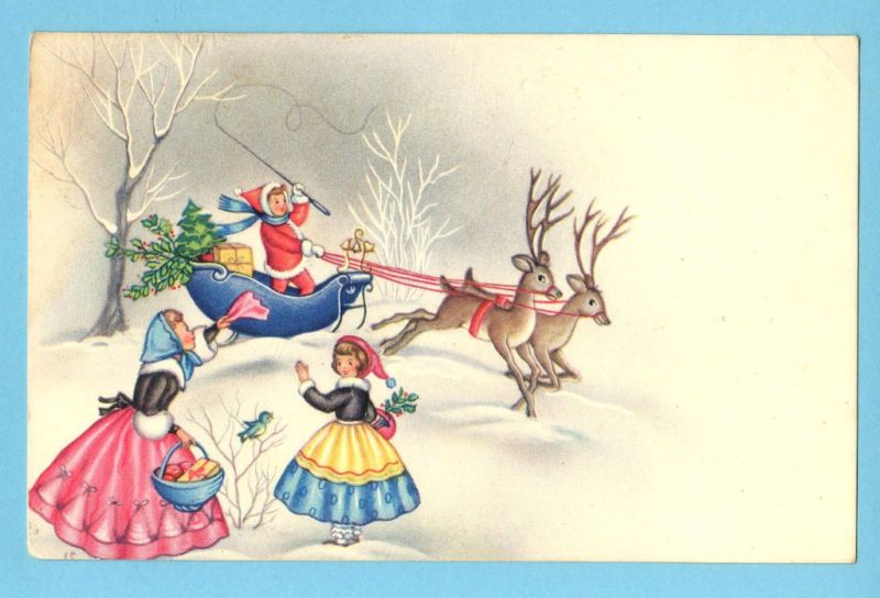 Old vintage XMAS Postcard SANTA CLAUS w/BLUE SLED  