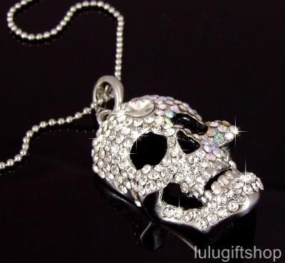 18KGP SKULL BLING PENDANT NECKLACE W SWAROVSKI CRYSTAL  