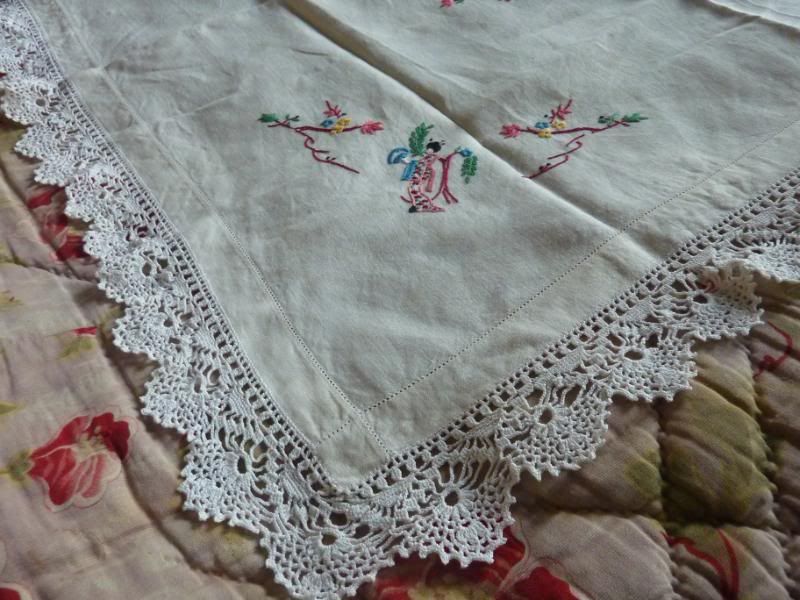 Vintage white linen embroidered tablecloth + lace trim  