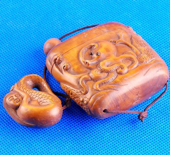 Carved Wood Boxwood Inro Mermaid Lady Netsuke Carving  