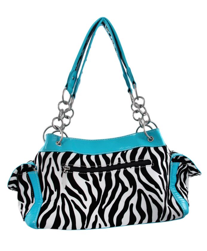 Zebra Print Gothic Cross Studded Handbag Turquoise Blue Trim  